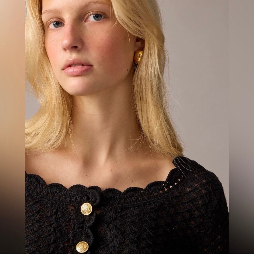J. Crew Collection Black Crochet Cardigan Sweater Scallop Trim Open Knit Crop S - Picture 2 of 11